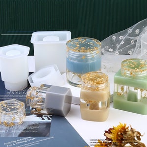 Seal Bottle mold with Lid, Jewelry Canister Jar Mold Cubic Cylinder Hexagon Resin Terrazzo Cement Concrete Trinket  Can Container Mould