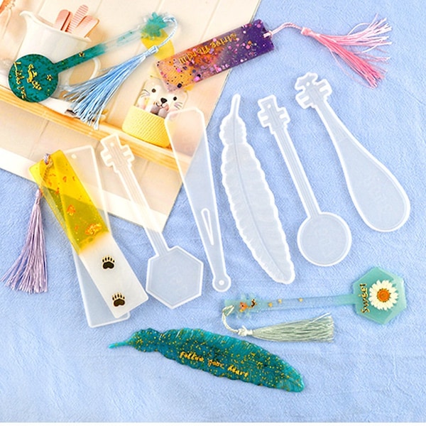 Résine de moule de signet en silicone, moule en résine de signet, kit de moules de signets de 8 types, moules de marque-page de style instruments de musique avec glands