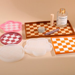 Checkered Shape Resin Tray Mold ,Round Rectangle Square Epoxy Resin Jewelry Trinket Storage Tray Dish Coaster Silicone Molds
