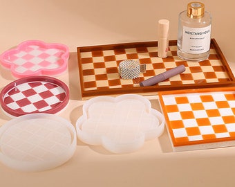 Checkered Shape Resin Tray Mold ,Round Rectangle Square Epoxy Resin Jewelry Trinket Storage Tray Dish Coaster Silicone Molds