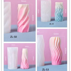 May include: Four silicone molds for making candles. The molds are in different shapes and sizes. The molds are all white and have a smooth finish. The molds are labeled with the numbers 50, 51, 52, and 53. The molds are all 123mm tall. The molds are all 56mm wide. The molds are all 52mm deep.