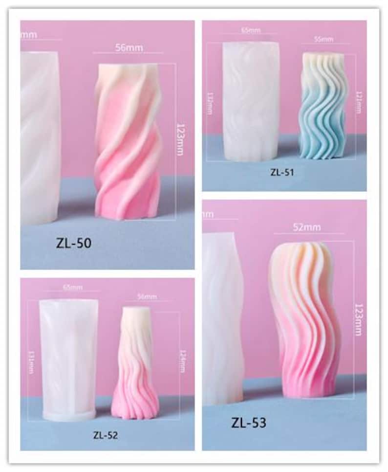 May include: Four silicone molds for making candles. The molds are in different shapes and sizes. The molds are all white and have a smooth finish. The molds are labeled with the numbers 50, 51, 52, and 53. The molds are all 123mm tall. The molds are all 56mm wide. The molds are all 52mm deep.