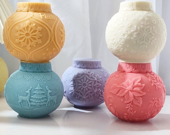 3.2&quot; 4.3 Inch Lantern Ball Candle Mold Christmas Embossed Candle Ornament Snowflake Reindeer Flower Ball Candle Soap Silicone Resin Moulds