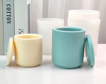 Candle Jar with Lid Mold Round Candle vessel Wax Container Planter Flower Pot Molds DIY Cement Plaster Epoxy Resin silicone Moulds