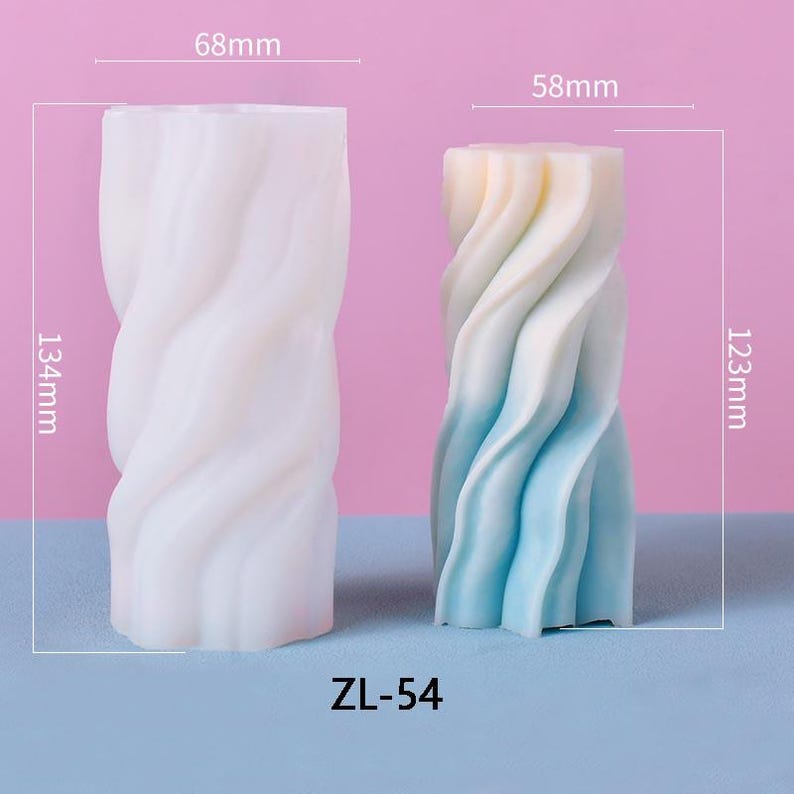 May include: Two white candle molds, one with a swirl design and the other with a wavy design. The molds are 6.8 cm and 5.8 cm in diameter and 13.4 cm and 12.3 cm in height. The molds are labeled "ZL-54".