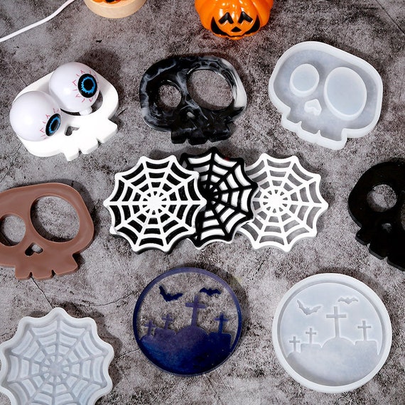 Halloween Coaster Mold , Epoxy Resin Skull Head,spider Web, Cemetery Coaster  Molds, Jesmonite Terrazzo Concrete Cement Coaster Silicone Mold 