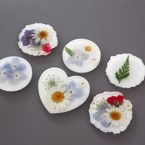 May include: Six white coasters with different pressed flower designs. The coasters are round, heart-shaped, and have a scalloped edge.