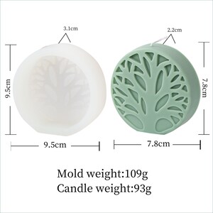 May include: A white silicone mold and a green candle, both shaped like a tree with intricate branches. The mold is 9.5 inches in diameter and the candle is 7.8 inches in diameter. Mold weight: 109g. Candle weight: 93g.