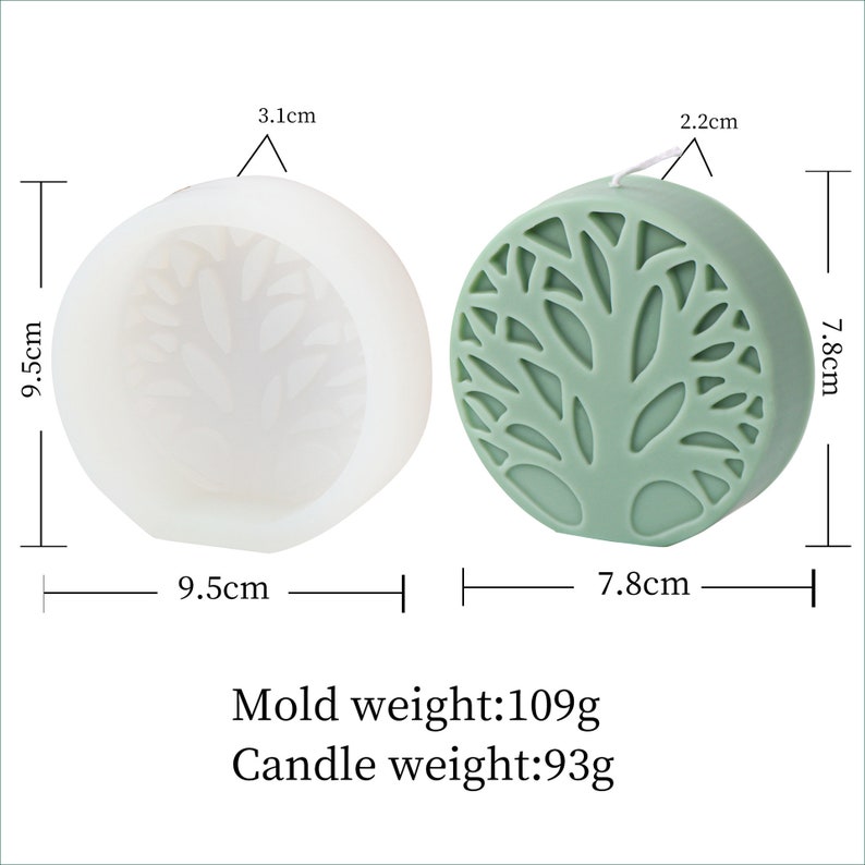 May include: A white silicone mold and a green candle, both shaped like a tree with intricate branches. The mold is 9.5 inches in diameter and the candle is 7.8 inches in diameter. Mold weight: 109g. Candle weight: 93g.