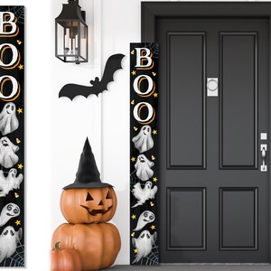 72in Wooden "BOO" Halloween Porch Sign with Ghost Pattern - Spooky Front Door Decor for Haunting Halloween Celebrations