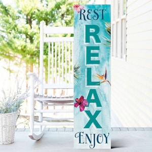 36in Wooden &quot;Rest, Relax, Enjoy&quot; Summer Welcome Porch Sign for Front Door, Rustic Home Decor, Outdoor Wall Art, Beach House Patio Display