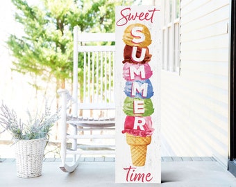 Enseigne de porche Sweet Summer Ice Cream de 36 po. - Décoration murale en bois pour porte d'entrée pour la maison - Design saisonnier amusant et coloré