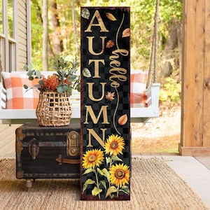 36in Hello Autumn Porch Sign - Front Porch Fall Welcome Sign with Vintage Autumn Decoration, Rustic Modern Farmhouse Decor