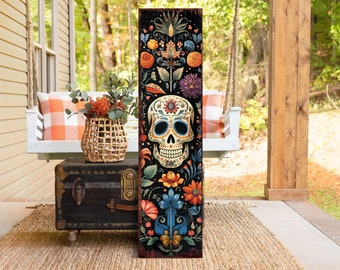 36in Dia De Los Muertos Sugar Skull Porch Sign - Front Porch Day of the Dead Welcome Sign, Rustic Modern Farmhouse Entryway Decor