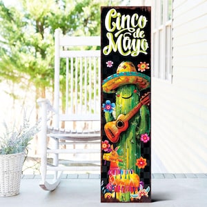 Letrero de madera para porche de 36 pulgadas con el mensaje Cinco de Mayo, decoración para puerta de entrada, estilo rústico mexicano para exteriores, entrada y porche