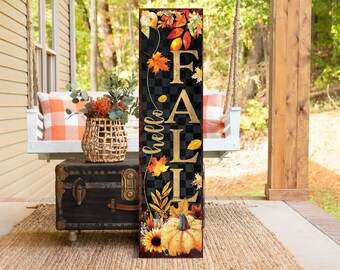 36in Hello Fall Porch Sign - Front Porch Fall Welcome Sign with Vintage Autumn Decoration, Rustic Modern Farmhouse Entryway Porch Decor