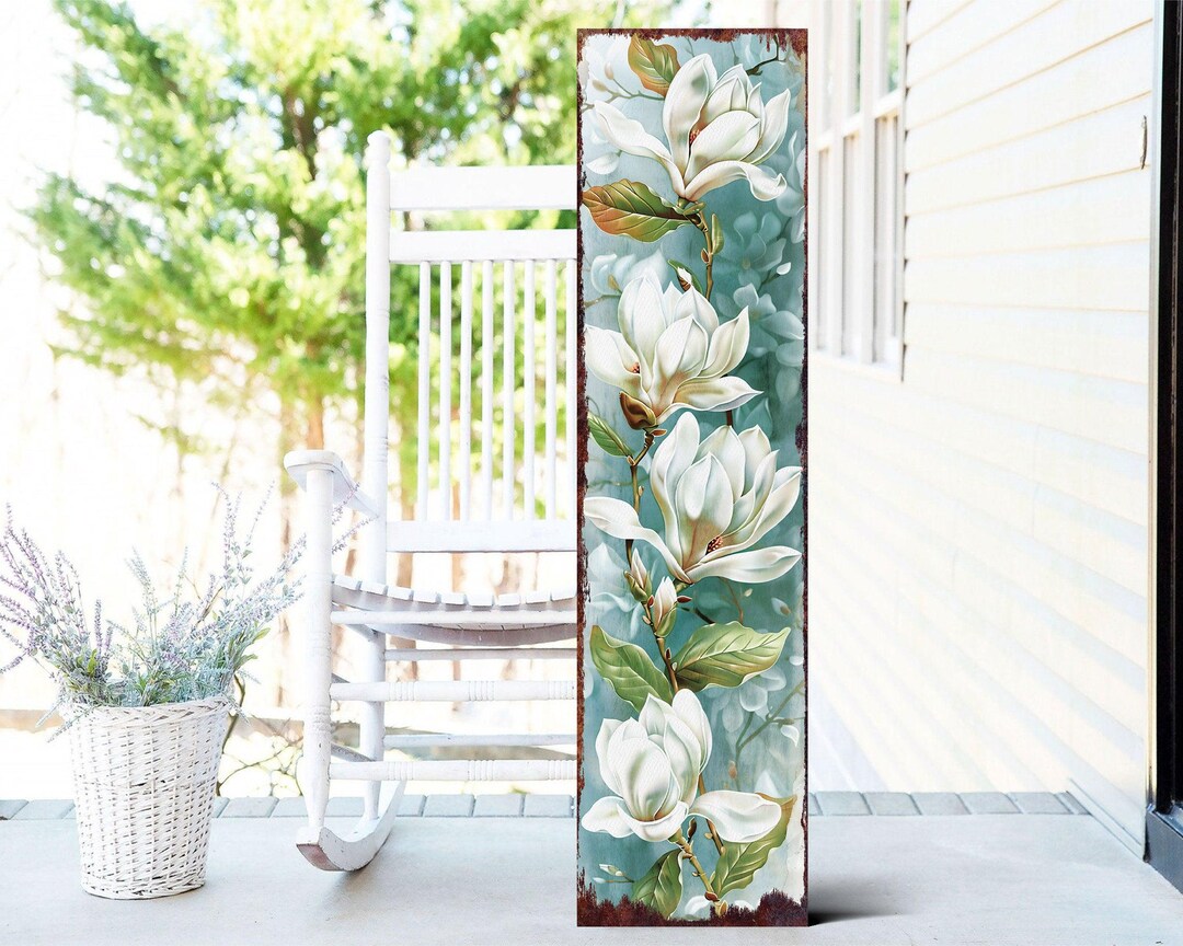36in Spring Magnolia Porch Sign - Playful Watercolor White Magnolia on ...
