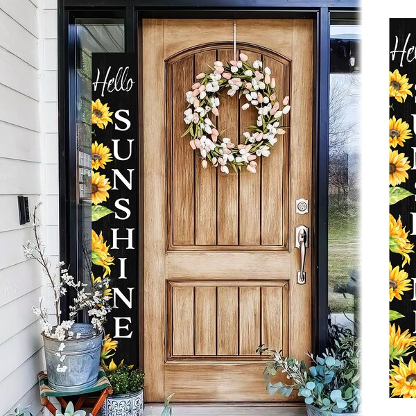 72In Sunflower Hello Sunshine Porch Sign, Charming Wooden Welcome Decor For Front Door, Rustic Vertical Garden Art, Seasonal Home Decoration