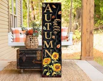 36in Hello Autumn Porch Sign - Front Porch Fall Welcome Sign with Vintage Autumn Decoration, Rustic Modern Farmhouse Decor