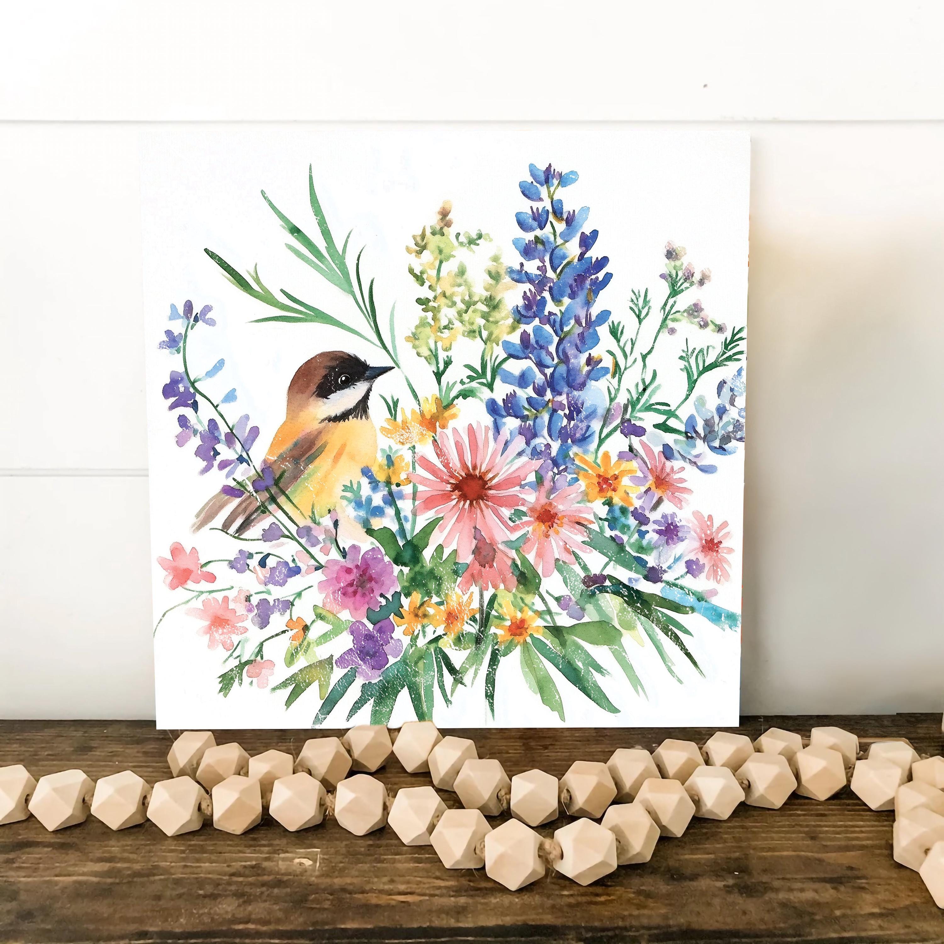 Summer Chickadee Wildflowers Wall Art | UV Print Canvas | Nature-Inspired Home Décor | 3 Sizes Available | Floral Bird Design