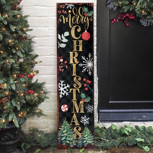 Merry Christmas Porch Sign - Front Porch Christmas Welcome Sign, Rustic Modern Farmhouse Entryway Board