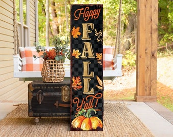 36in Happy Fall Y'all Porch Sign - Front Porch Fall Welcome Sign with Vintage Autumn Decoration, Rustic Modern Farmhouse Decor