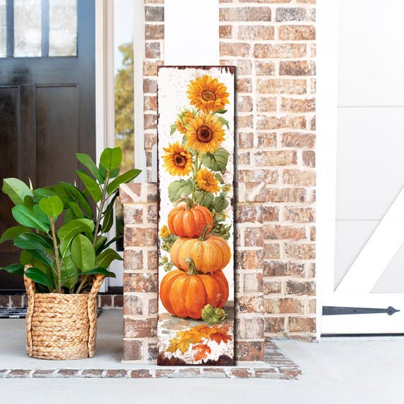 Fall Porch Sign | Pumpkin & Sunflower Vertical Wall Art | Rustic