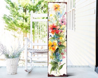 36-Inch Spring Watercolor Wildflower Wooden Porch Sign | Front Door Wall Decor, Rustic Farmhouse Outdoor Entryway Display Board