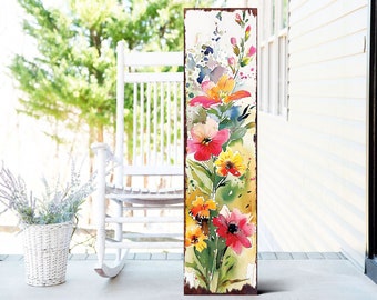 36-Inch Spring Watercolor Wildflower Wooden Porch Sign | Front Door Wall Decor, Rustic Farmhouse Outdoor Entryway Display Board