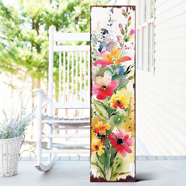 36-Inch Spring Watercolor Wildflower Wooden Porch Sign | Front Door Wall Decor, Rustic Farmhouse Outdoor Entryway Display Board