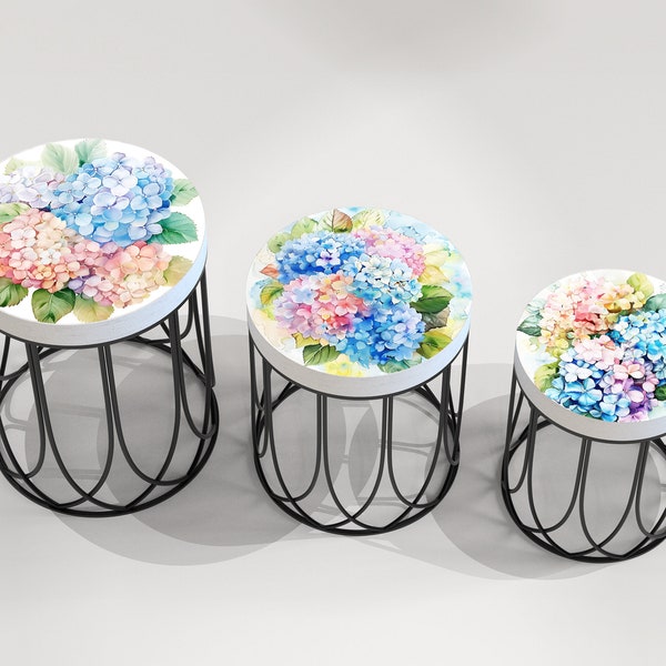 Spring Watercolor Hydrangea Accent Table | Farmhouse Style Round End Tables | Perfect for Bedroom, Balcony, Patio