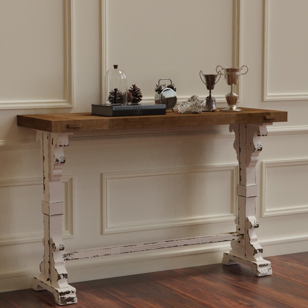 Solid Wood Brayton Console Table,Entryway Furniture, Farmhouse sofa table,Distressed White and Natural