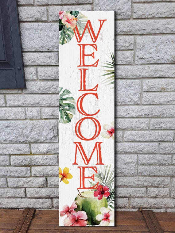 2-Piece Welcome Summer Door Banner - Hawaiian Tropical Porch Decor With Hibiscus Flowers