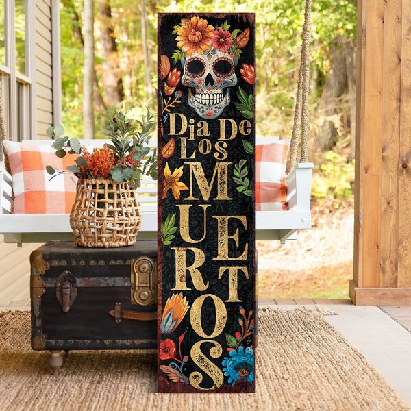 36in Dia De Los Muertos Sugar Skull Porch Sign - Front Porch Day of the Dead Welcome Sign, Rustic Modern Farmhouse Entryway Decor