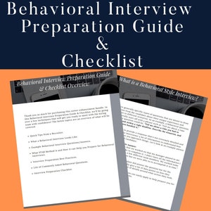 Puede incluir: Una guía y lista de verificación para la preparación de entrevistas de comportamiento. La imagen muestra dos documentos con texto, incluyendo "Guía de preparación de entrevistas de comportamiento y lista de verificación" y "¿Qué es una entrevista de estilo de comportamiento?" El fondo es naranja.