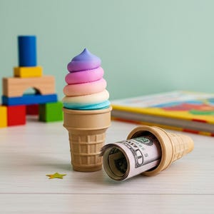 May include: Two ice cream cone-shaped money holders. One has a colorful, layered ice cream cone on top. The other cone holds a rolled-up stack of dollar bills. A wooden block toy and a book are in the background.