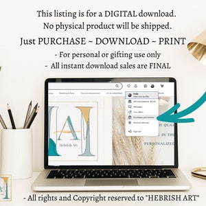 May include: A laptop computer screen displaying a digital download of a graphic design featuring the letters "A" and "M" in a stylized font. The design is in shades of blue, green, and yellow. The text "Hebrish Art" is visible below the design. The laptop is on a white desk with a pencil holder and a plant.