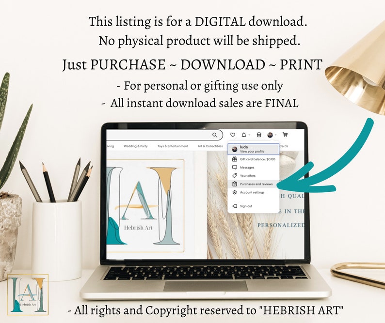 May include: A laptop computer screen displaying a digital download of a graphic design featuring the letters "A" and "M" in a stylized font. The design is in shades of blue, green, and yellow. The text "Hebrish Art" is visible below the design. The laptop is on a white desk with a pencil holder and a plant.
