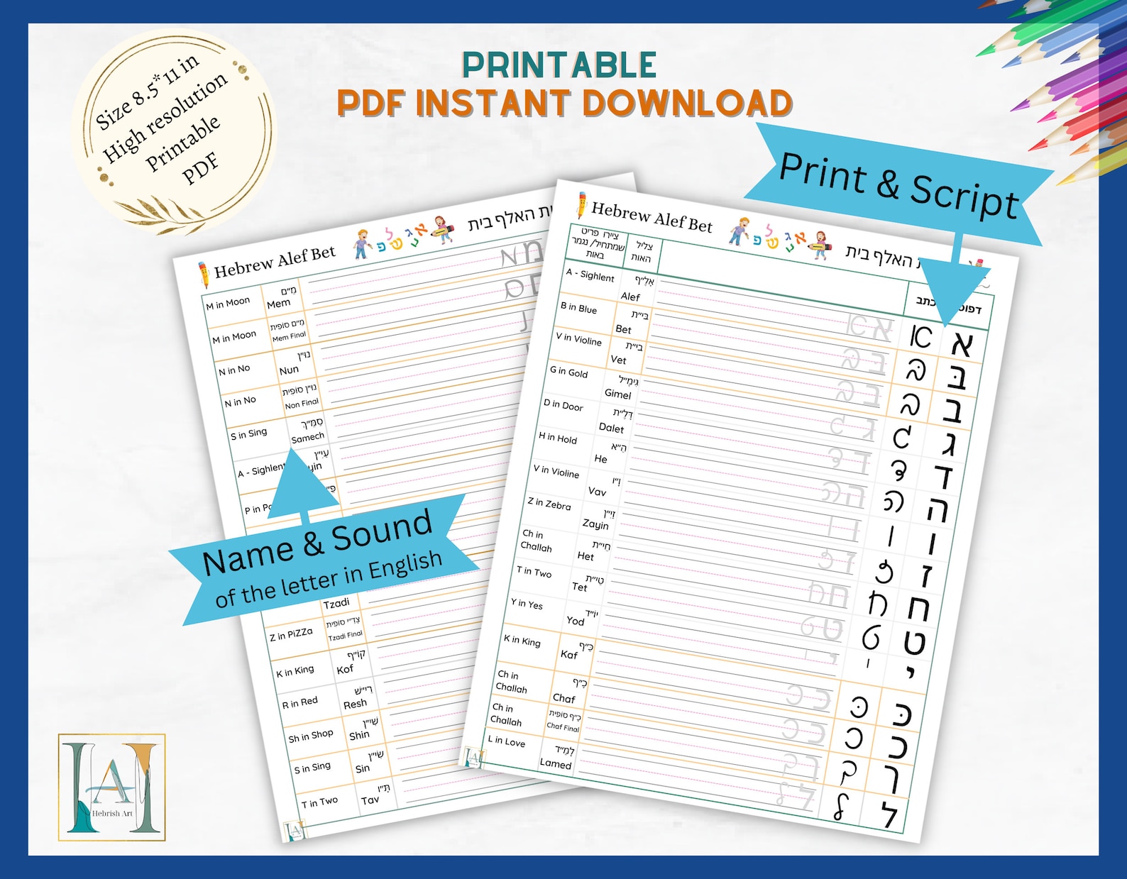 Hebrew Alphabet Writing Practice: Alef Bet Print & Script (PDF Download ...