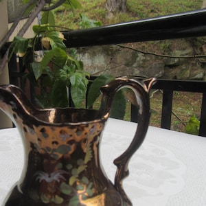Antique Victorian copper lustre jug , hand painted. c1880   Ref AP