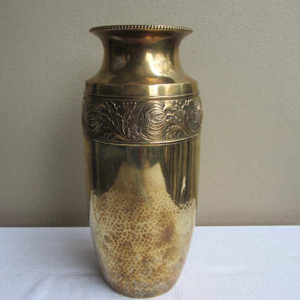 Antique WMF Jugendstil Hammered Brass Vase With Repoussé Floral Design. 29cm. Early C20th   Ref 204