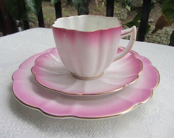 Melba pink tea cup trio, vintage Meyer and Sherratt English bone china cup, saucer and tea plate .   Red Q