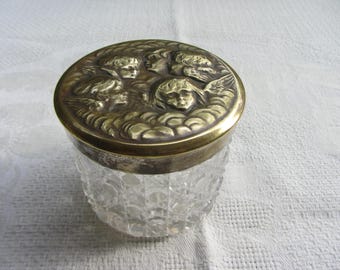 Antique Crystal Toiletries Jar: Brass Reynolds Angels Repousse Lid, c1905   Ref AV