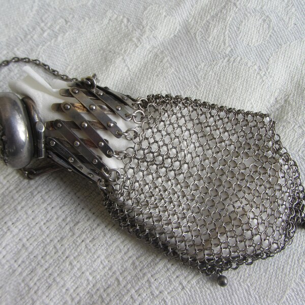 Antique sterling silver chatelaine/finger purse, small chain mesh coin holder, chain mail chateline change purse