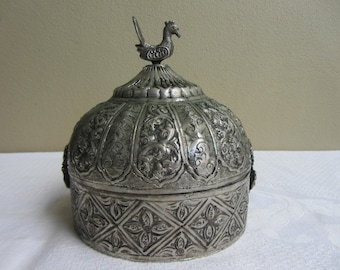 Vintage Tinned Copper Jewelry Box: Hand Engraved, Peacock Finial   Ref BE