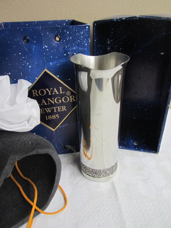 Tall Selangor Pewter Vase, 97% Tin. Boxed and Apparently Unused 