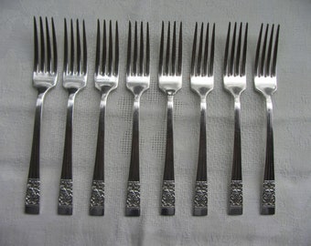 Set 8 Community plate (Oneida) Hampton Court/Coronation mid century silver plated  forks  Art Deco. 18.2cm/7.1".