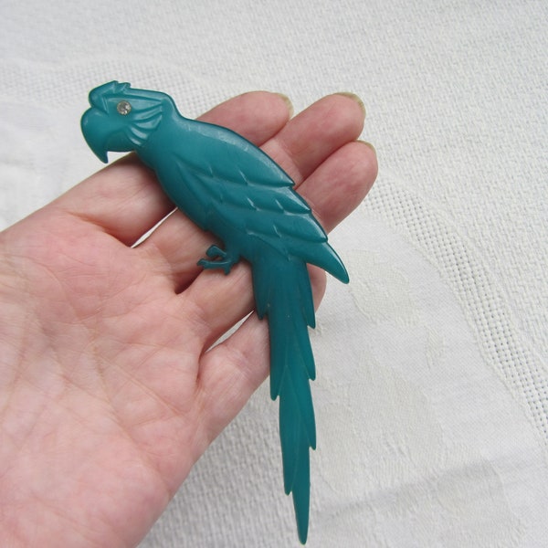 Large vintage Buch and Deichmann Denmark Plastic Art Deco Teal Parrot Brooch/Pin