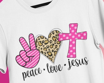 Peace Love Jesus PNG: Christian Leopard Heart Cross Design (Digital Download)