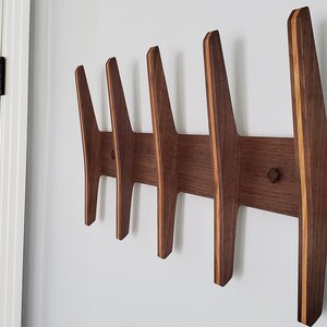 Mid Century Modern Coat Rack / 26 inch Walnut 5 Hook w/ Cherry or Purpleheart Wood Inlay